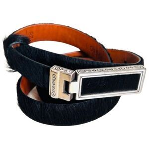 BRIGHTON Black Leather Skinny Belt Size 28 S Black Pony Hair Silver Buckle